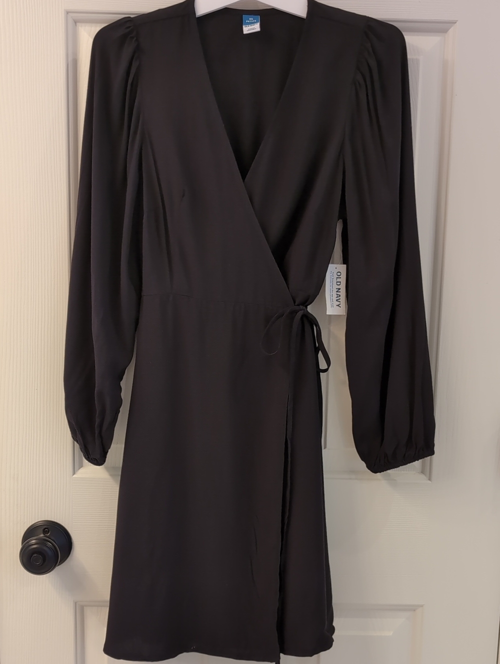 Old Navy Black Wrap Dress with Puff Long Sleeves and Tie Waist